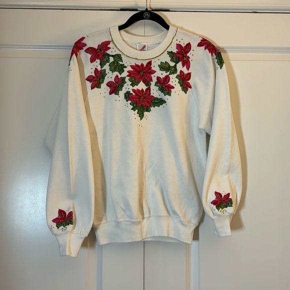 Jerzees Sweaters - Vintage Poinsettia‎ Christmas Red Green Gold Glitter Crew Sweatshirt M 🎄